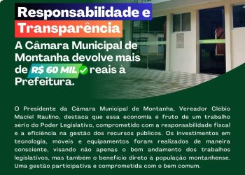 Câmara Municipal de Montanha devolve mais de 60 mil reais à prefeitura