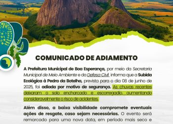 Subida Ecológica à Pedra da Botelha é adiada pela Secretaria de Meio Ambiente e Defesa Civil de Boa Esperança