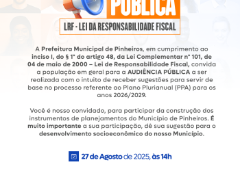 Prefeitura de Pinheiros convida população para audiência pública do PPA 2026-2029